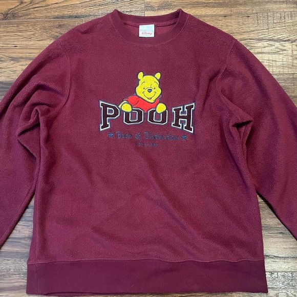 Vintage Disney Pooh Fleece Sweater Burgundy Winnie the Pooh Pullover Women Large - Picture 2 of 8